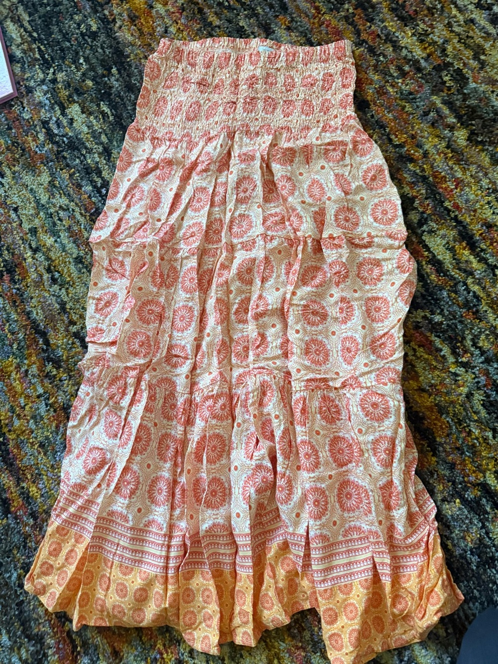Smocked Waist Maxi Skirt in Orange and Yellow Convertible Dress S